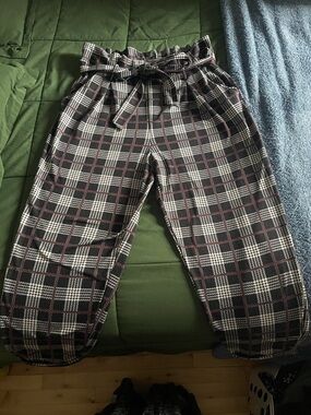 Ardene Black, White & Burgundy Plaid Paperbag Waist Pants